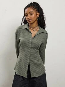COUREZ Long Sleeve Cinched Shirt In Grid Check / Fall Tops Y2K Green Fall Cute Autumn Clothes For Women Outfits Rave Club Outfits For Women Going Out Tops - Army Green - View 4
