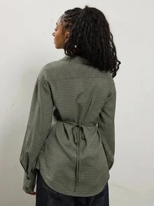 COUREZ Long Sleeve Cinched Shirt In Grid Check / Fall Tops Y2K Green Fall Cute Autumn Clothes For Women Outfits Rave Club Outfits For Women Going Out Tops - Army Green - View 3