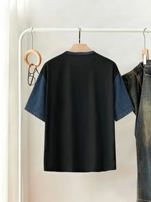 女款黑色紐約 NY 字母印花寬鬆圓領短袖 T-Shirt，仿拼接印花休閒夏季上衣，仿牛仔 T-Shirt，優雅舒適設計，休閒出遊 T-Shirt，紐約大尺寸 T-Shirt，復古 T-Shirt - 藍色 - 查看 2