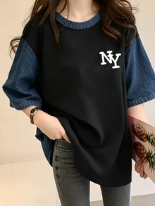 女款黑色紐約 NY 字母印花寬鬆圓領短袖 T-Shirt，仿拼接印花休閒夏季上衣，仿牛仔 T-Shirt，優雅舒適設計，休閒出遊 T-Shirt，紐約大尺寸 T-Shirt，復古 T-Shirt - 藍色 - 查看 3