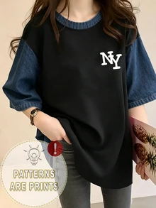 女款黑色紐約 NY 字母印花寬鬆圓領短袖 T-Shirt，仿拼接印花休閒夏季上衣，仿牛仔 T-Shirt，優雅舒適設計，休閒出遊 T-Shirt，紐約大尺寸 T-Shirt，復古 T-Shirt - 藍色 - 查看 1