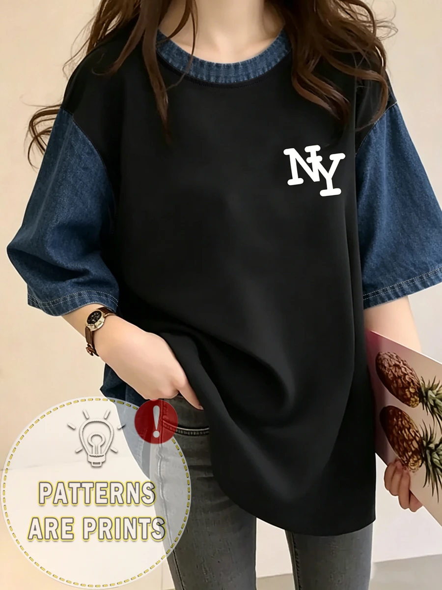 女款黑色紐約 NY 字母印花寬鬆圓領短袖 T-Shirt，仿拼接印花休閒夏季上衣，仿牛仔 T-Shirt，優雅舒適設計，休閒出遊 T-Shirt，紐約大尺寸 T-Shirt，復古 T-Shirt - 藍色 - 查看 1