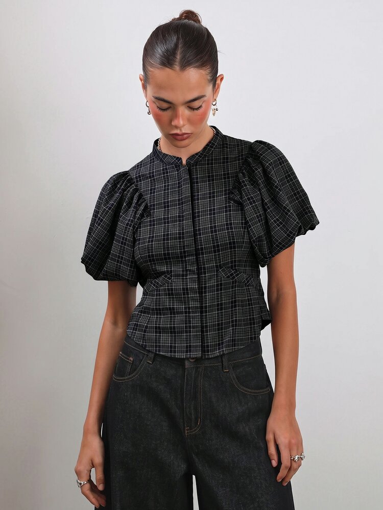 COUREZ Puff Sleeve Check Top / Y2K Cute Tops Y2K Autumn Top Fall Club Rave Casual Night Tops - Grey - View 3