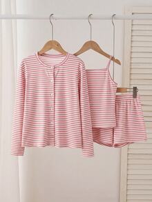 Tween Girl Vacation Striped Colorblock Cami Top And Drawstring Waist Shorts With Long Sleeve Knit Cardigan Set - Multicolor - View 4
