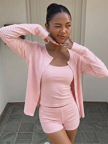 Tween Girl Vacation Striped Colorblock Cami Top And Drawstring Waist Shorts With Long Sleeve Knit Cardigan Set - Multicolor - View 2