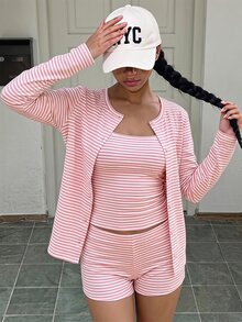 Tween Girl Vacation Striped Colorblock Cami Top And Drawstring Waist Shorts With Long Sleeve Knit Cardigan Set - Multicolor - View 1