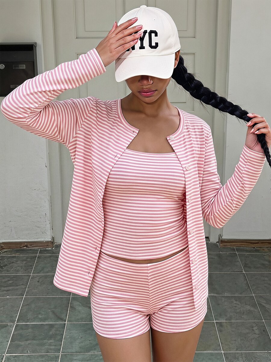 Tween Girl Vacation Striped Colorblock Cami Top And Drawstring Waist Shorts With Long Sleeve Knit Cardigan Set - Multicolor - View 1