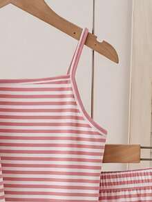 Tween Girl Vacation Striped Colorblock Cami Top And Drawstring Waist Shorts With Long Sleeve Knit Cardigan Set - Multicolor - View 6