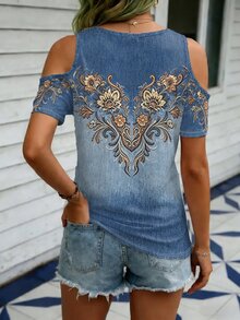 EMERY ROSE Floral Print Casual V-Neck Off-Shoulder Short Sleeve T-Shirt - Multicolor - View 2