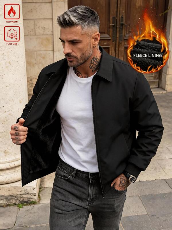 Manfinity Homme معطف رجالي مبطن حراري سميك مع ياقة وإغلاق بسحاب، مقاوم للبرد
