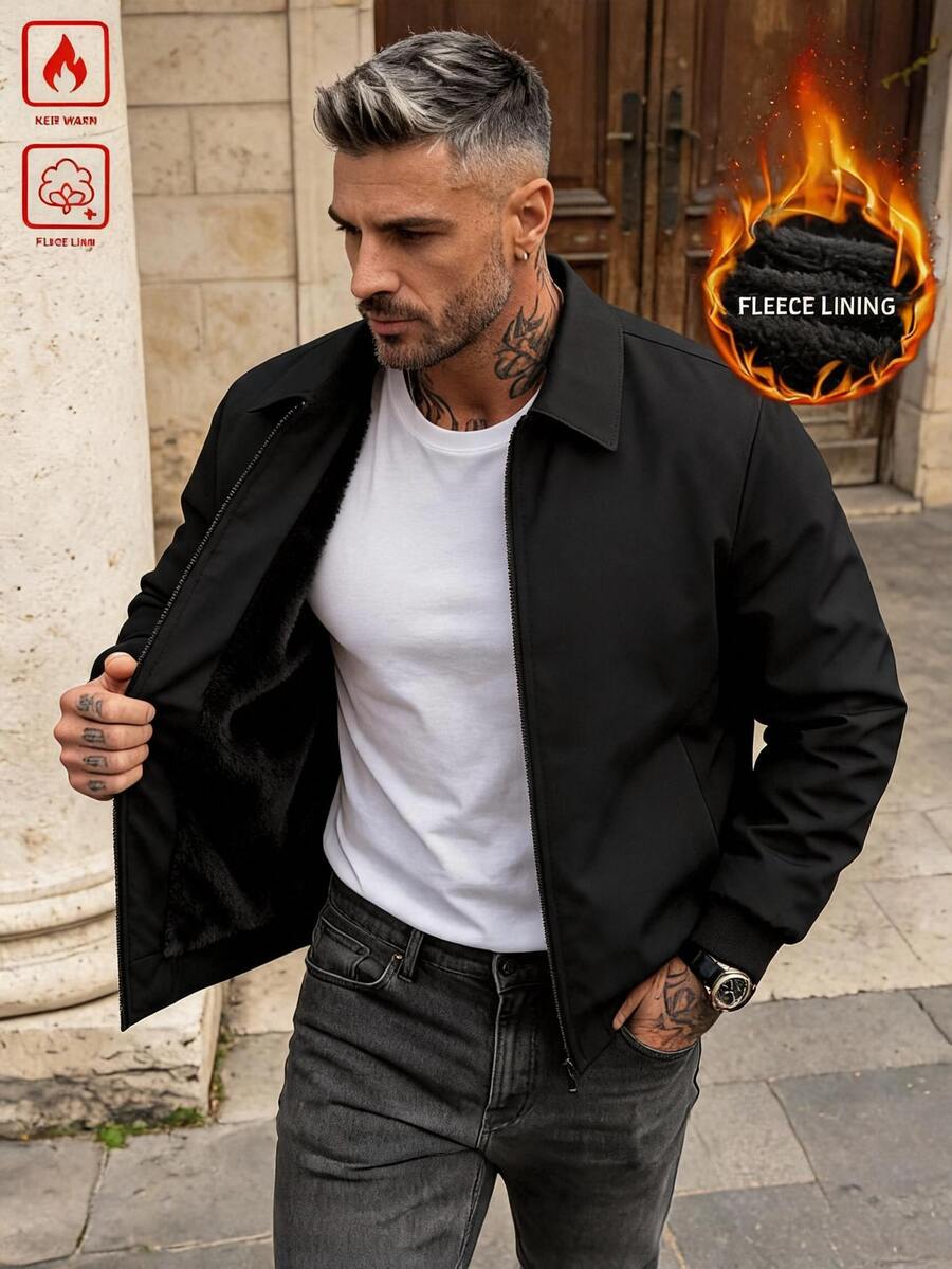 Manfinity Homme 男士加厚保暖內裡填充外套,附領子與拉鍊開合,防寒填充外套 - 黑色 - 查看 1
