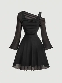 SHEIN MOD 女款優雅純色網紗迷你洋裝 - 黑色 - 查看 2