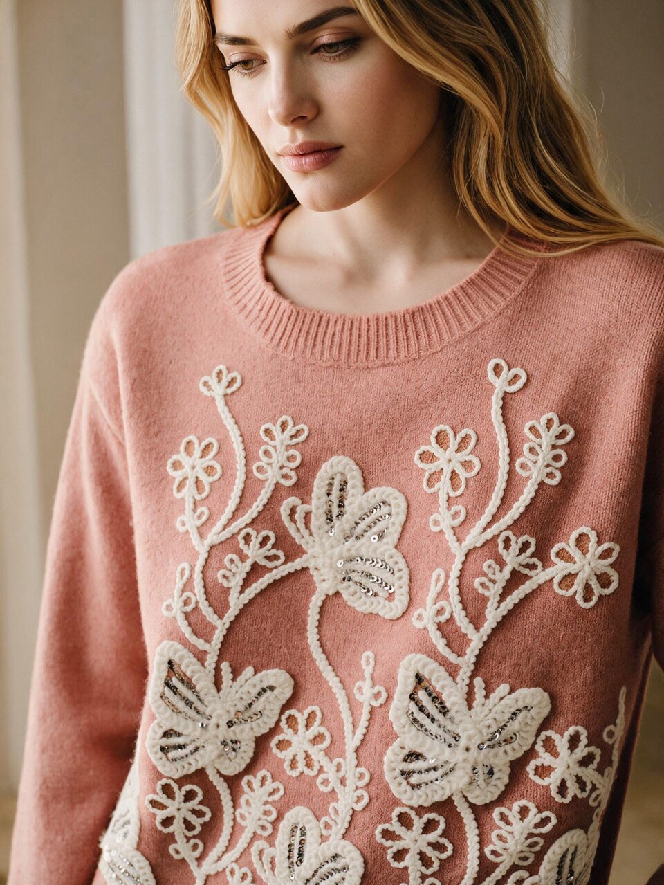 Lotus Pink Soft Knit Crew Neck Sweater For Women, 3D Crochet Butterfly & Floral Embroidery On Chest, Loose Drop Shoulder Long Sleeve, Vintage Gentle Vibe, Autumn/Winter Pullover Top