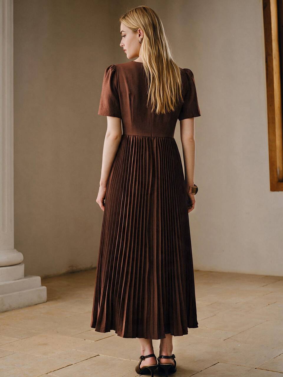 Elegant Vintage Waist-Cinching Pleated Full Skirt With Lace Trim Vacation Style Women's Dress