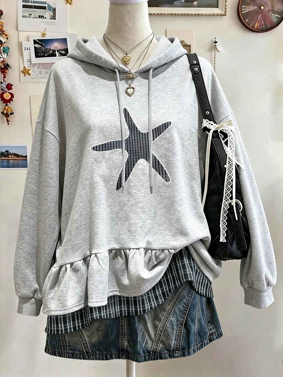 Lalippa Sweatshirt Berkerudung Lengan Panjang dengan Hiasan Rumbai di Bagian Bawah, Serbaguna untuk Wanita - Grey - View 1