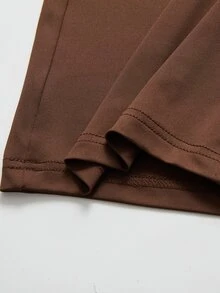 SHEIN 2件組青少年女孩春秋新款休閒針織不對稱斜領百褶長袖修身上衣與針織喇叭百搭長褲套裝法式優雅通勤兩件套 - 棕色 - 查看 5