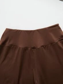 SHEIN 2件組青少年女孩春秋新款休閒針織不對稱斜領百褶長袖修身上衣與針織喇叭百搭長褲套裝法式優雅通勤兩件套 - 棕色 - 查看 4