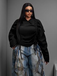 Maweii Japanese Casual Drawstring Sweatshirt Solid Color Long Sleeve Cropped Plus Size Sweatshirt - Black - View 3