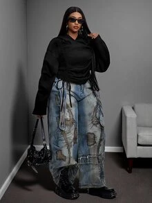 Maweii Japanese Casual Drawstring Sweatshirt Solid Color Long Sleeve Cropped Plus Size Sweatshirt - Black - View 2