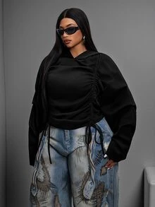 Maweii Japanese Casual Drawstring Sweatshirt Solid Color Long Sleeve Cropped Plus Size Sweatshirt - Black - View 4