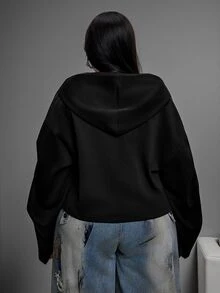Maweii Japanese Casual Drawstring Sweatshirt Solid Color Long Sleeve Cropped Plus Size Sweatshirt - Black - View 5