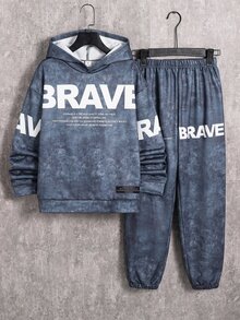 SHEIN 兒童青少年男孩休閒舒適時尚極簡連帽衫與長褲套裝，經典酷炫文字 BRAVE 圖案印花，經典運動風圖案印花，經典帥氣雪花圖案印花，適合通勤、上學、日常休閒外出、運動，秋冬穿著 - 灰色 - 查看 4