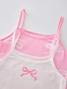 SHEIN 2件組女童幼兒蝴蝶結印花可愛甜美粉色與白色日常時尚柔軟舒適細肩帶背心上衣 + 四角內褲 - 彩色 - 查看 4