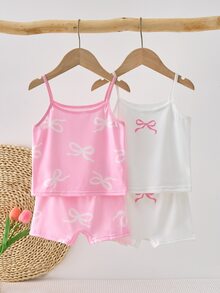 SHEIN 2件組女童幼兒蝴蝶結印花可愛甜美粉色與白色日常時尚柔軟舒適細肩帶背心上衣 + 四角內褲 - 彩色 - 查看 3