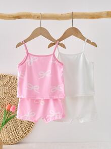 SHEIN 2件組女童幼兒蝴蝶結印花可愛甜美粉色與白色日常時尚柔軟舒適細肩帶背心上衣 + 四角內褲 - 彩色 - 查看 2