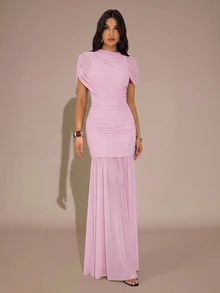 SHEIN Tall 優雅抓褶緊身裙連身裙，適合雞尾酒會、浪漫約會、秋冬疊穿、派對、正式聚會、聖誕節，冬季女款連身裙，新年禮服，優雅派對禮服，適合高個女性 - 珊瑚粉 - 查看 1