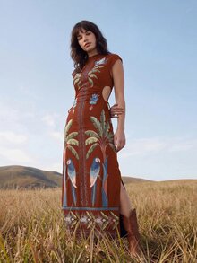 CAJUNI Vacation Casual Tropical Print Hollow Side Slit Dress - Burgundy - View 1