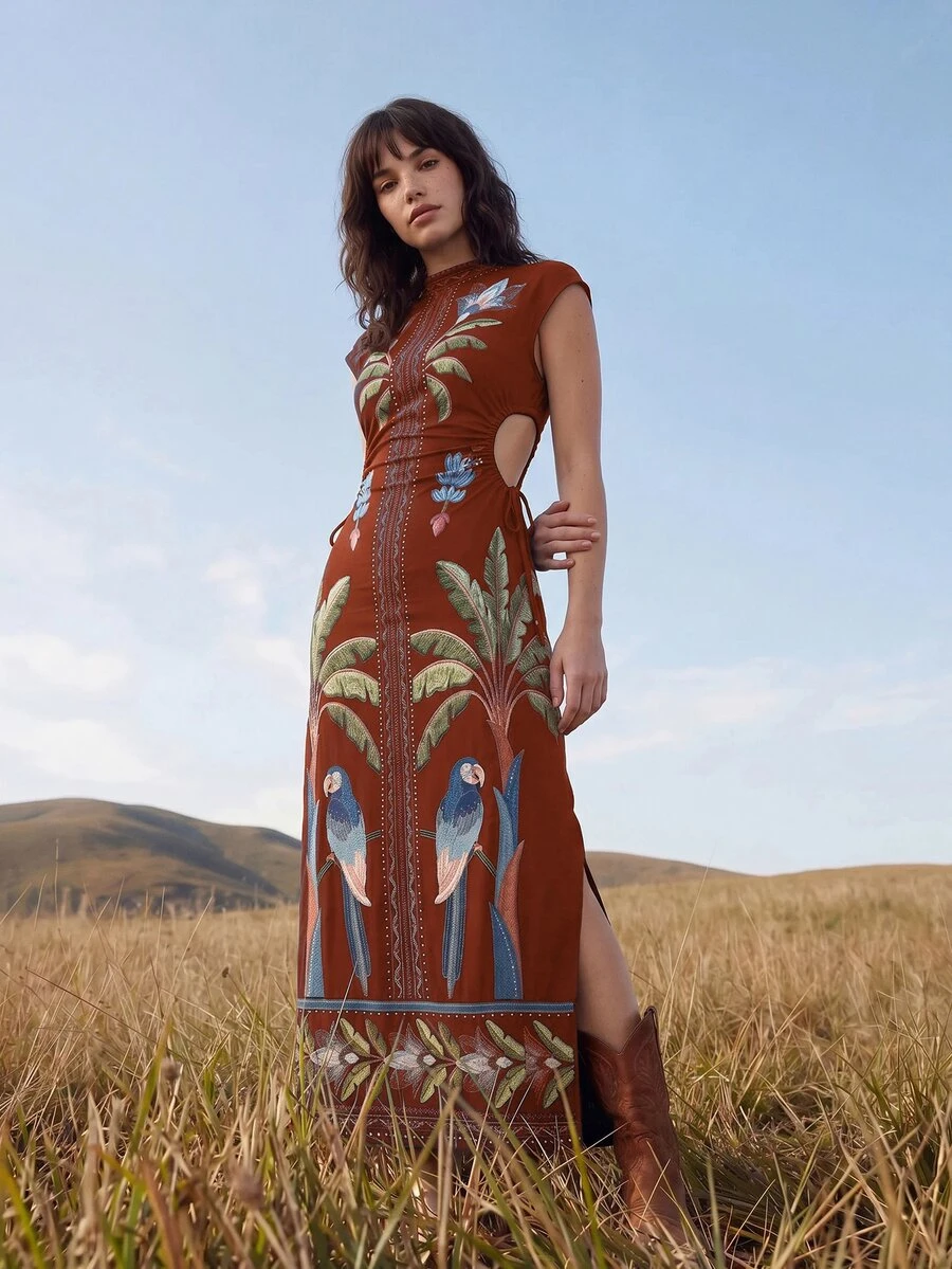 CAJUNI Vacation Casual Tropical Print Hollow Side Slit Dress - Burgundy - View 1