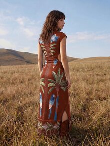 CAJUNI Vacation Casual Tropical Print Hollow Side Slit Dress - Burgundy - View 2