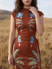 CAJUNI Vacation Casual Tropical Print Hollow Side Slit Dress - Burgundy - View 5