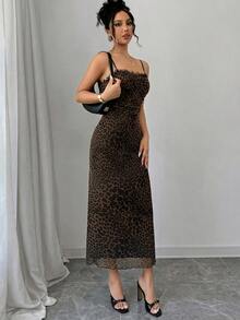 Firerie Women Leopard Print Lace Patchwork Mid-Length Fitted Dress, Stretchy Fabric, Backless, Suitable For Daily, Work, Holiday, Party, - Brown - View 5