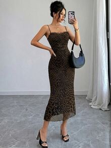 Firerie Women Leopard Print Lace Patchwork Mid-Length Fitted Dress, Stretchy Fabric, Backless, Suitable For Daily, Work, Holiday, Party, - Brown - View 3
