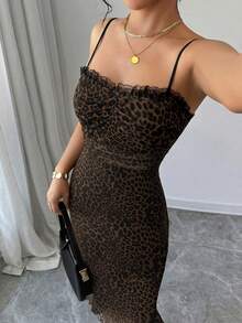 Firerie Women Leopard Print Lace Patchwork Mid-Length Fitted Dress, Stretchy Fabric, Backless, Suitable For Daily, Work, Holiday, Party, - Brown - View 1