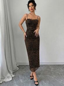 Firerie Women Leopard Print Lace Patchwork Mid-Length Fitted Dress, Stretchy Fabric, Backless, Suitable For Daily, Work, Holiday, Party, - Brown - View 6