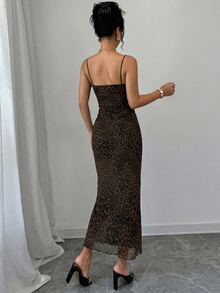 Firerie Women Leopard Print Lace Patchwork Mid-Length Fitted Dress, Stretchy Fabric, Backless, Suitable For Daily, Work, Holiday, Party, - Brown - View 2
