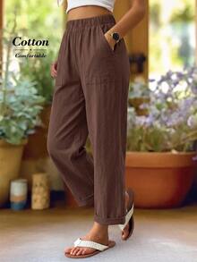 SHEIN LUNE Women's 95% Cotton Brown Pocket Long Pants - Rust Brown - View 5