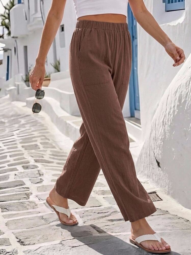 SHEIN LUNE Women's 95% Cotton Brown Pocket Long Pants - Rust Brown - View 2