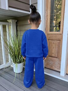 Kids Young Girl Casual Heart Print Knit Solid Color Loose Drop Shoulder Long Sleeve Autumn Sweatshirt Pleated Wide Leg Sweatpants PocketedBlue Set - Blue - View 5