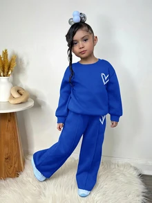 Kids Young Girl Casual Heart Print Knit Solid Color Loose Drop Shoulder Long Sleeve Autumn Sweatshirt Pleated Wide Leg Sweatpants PocketedBlue Set - Blue - View 4