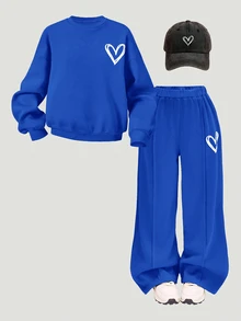 Kids Young Girl Casual Heart Print Knit Solid Color Loose Drop Shoulder Long Sleeve Autumn Sweatshirt Pleated Wide Leg Sweatpants PocketedBlue Set - Blue - View 6
