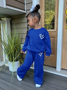 Kids Young Girl Casual Heart Print Knit Solid Color Loose Drop Shoulder Long Sleeve Autumn Sweatshirt Pleated Wide Leg Sweatpants PocketedBlue Set - Blue - View 2