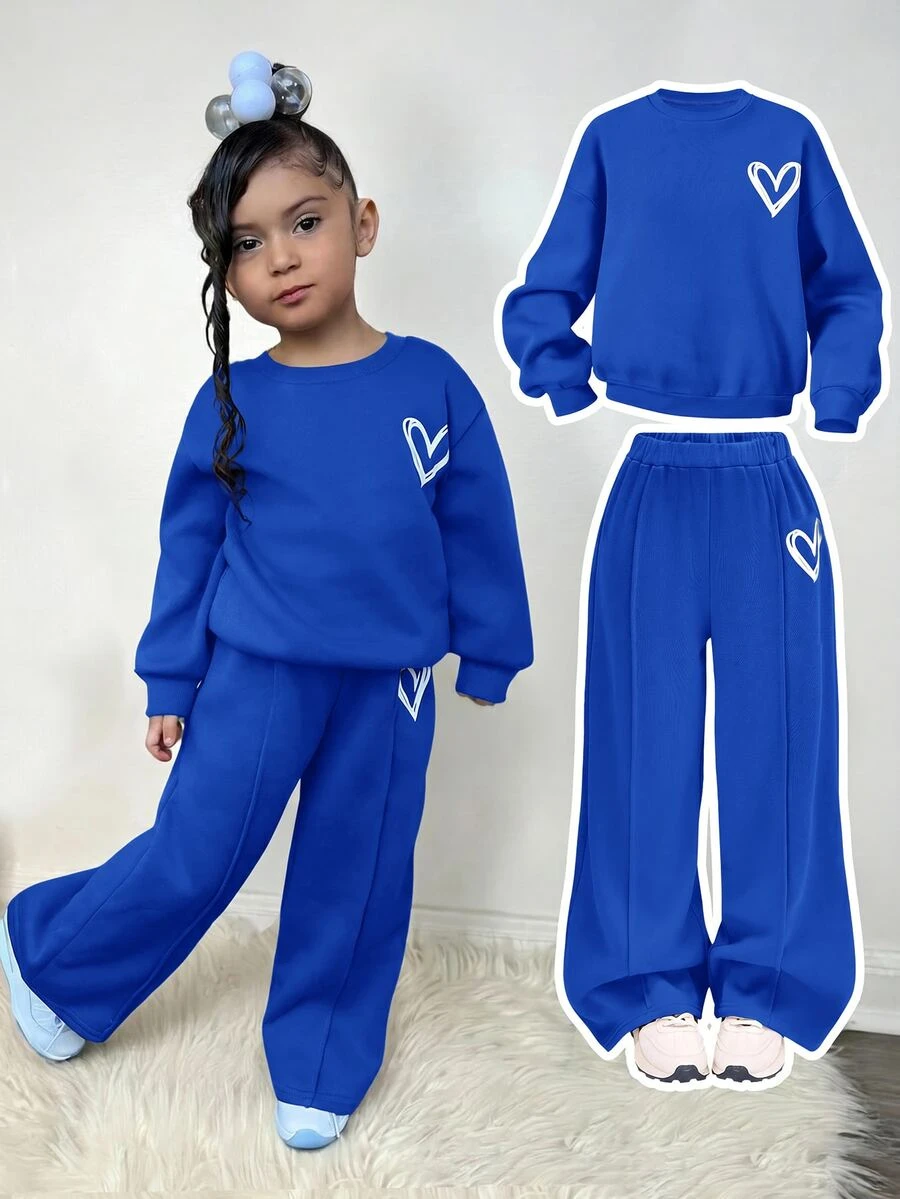 Kids Young Girl Casual Heart Print Knit Solid Color Loose Drop Shoulder Long Sleeve Autumn Sweatshirt Pleated Wide Leg Sweatpants PocketedBlue Set - Blue - View 1