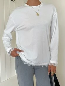 SHEIN EZwear 白色針織女款圓領長袖對比蕾絲T恤，日常白天穿著，秋季休閒優雅風 - 白色 - 查看 3