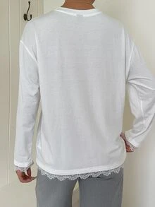 SHEIN EZwear 白色針織女款圓領長袖對比蕾絲T恤，日常白天穿著，秋季休閒優雅風 - 白色 - 查看 9