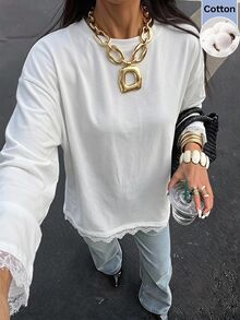 SHEIN EZwear 白色針織女款圓領長袖對比蕾絲T恤，日常白天穿著，秋季休閒優雅風 - 白色 - 查看 10