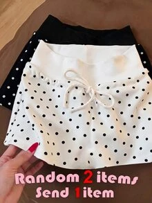 SHEIN 青少年女孩針織小波點內建內搭褲休閒抽繩裙 - 白色 - 查看 4